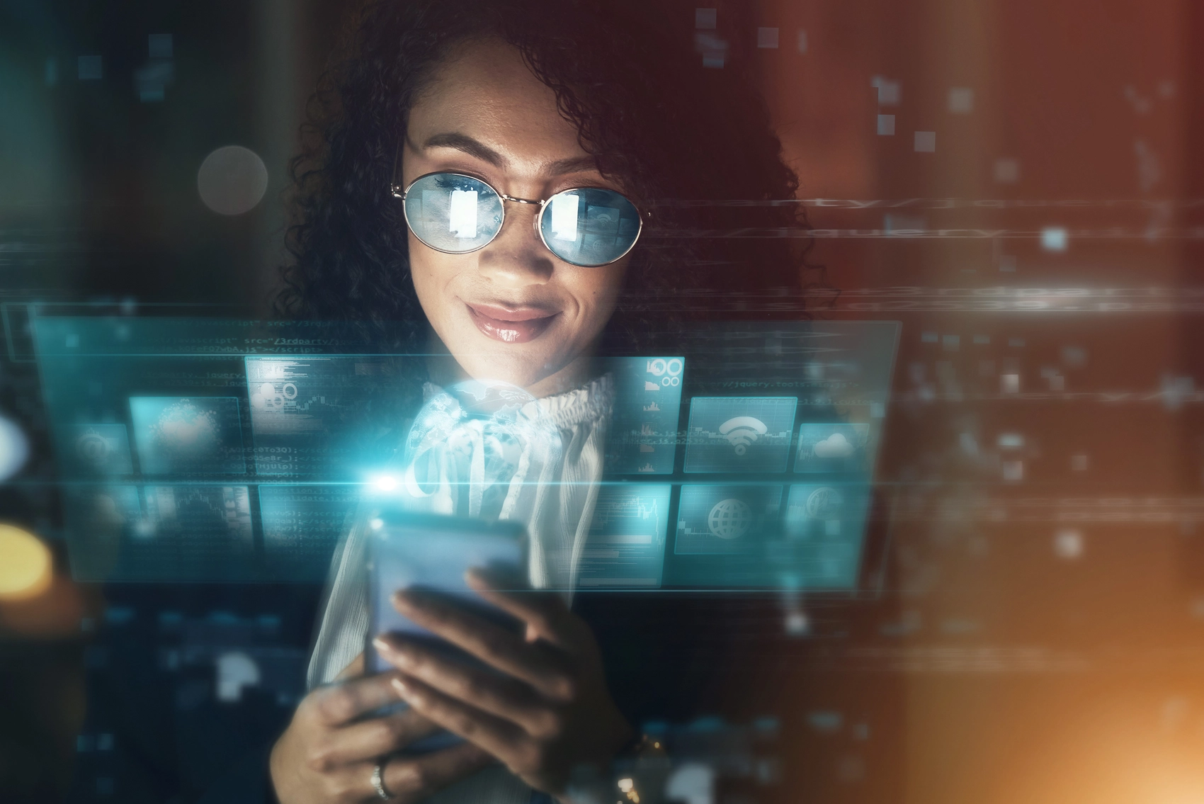 Woman looking at mobile device with AI
